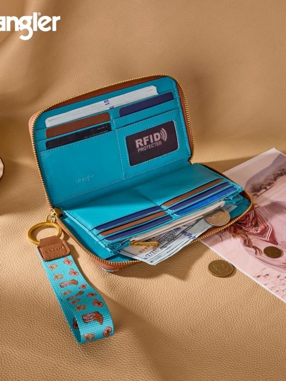 Wrangler Western Print RFID Blocking Zippered Wallet Turquoise